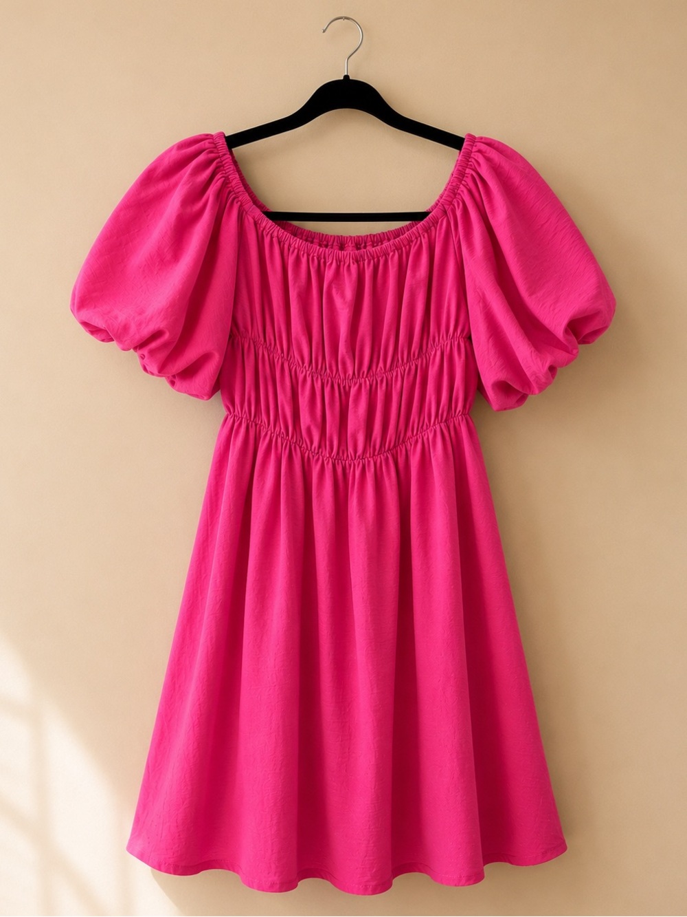 Hot Pink & White Puff Sleeve Smocked Mini Dresses | Cottagecore | - Picture 2 of 3